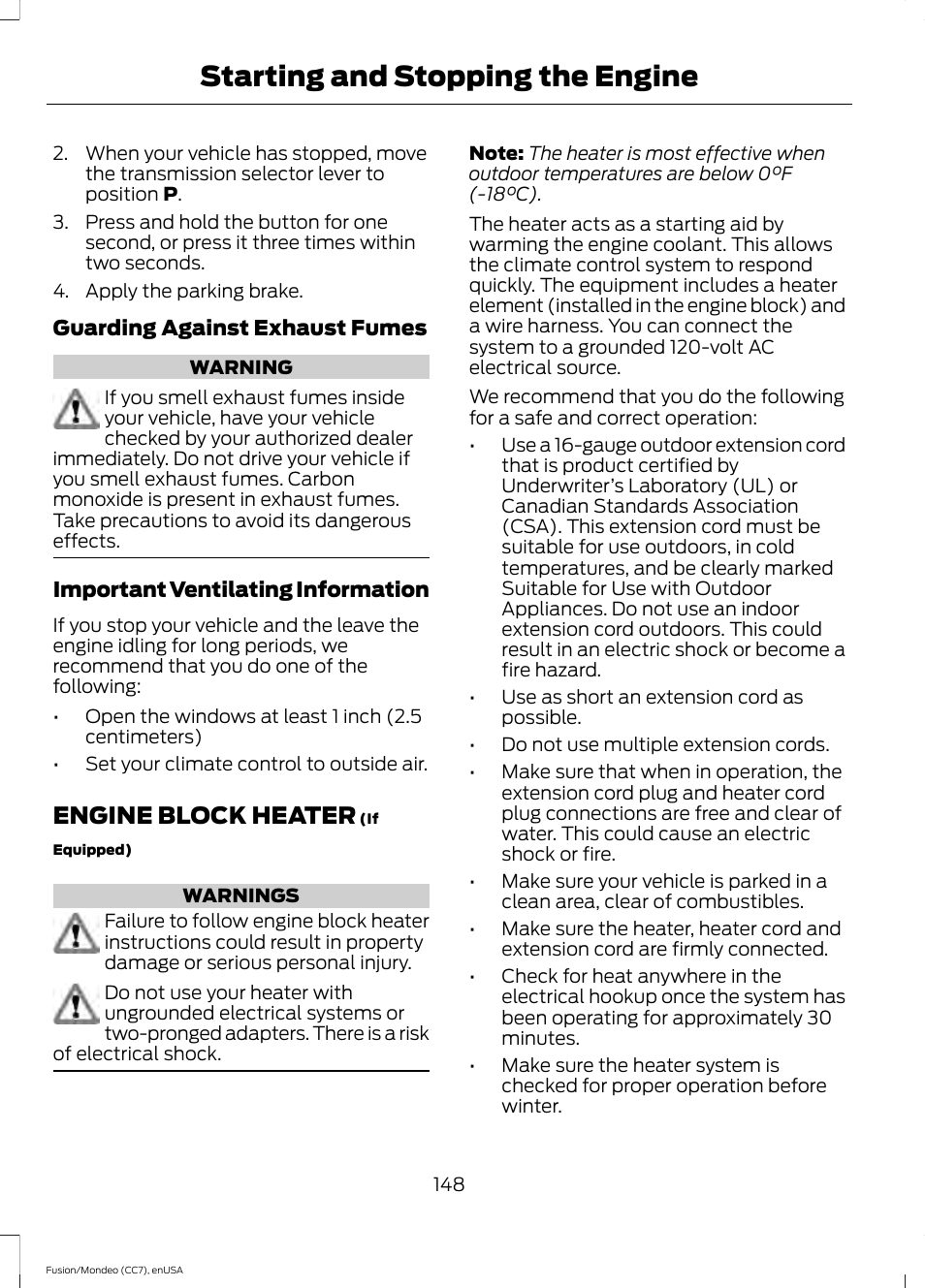 Engine block heater, Starting and stopping the engine | FORD 2015 Fusion User Manual | Page 151 / 488