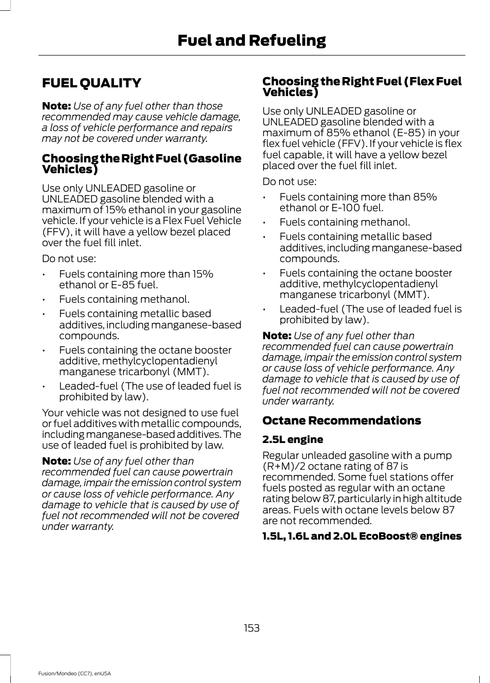 Fuel quality, Fuel and refueling | FORD 2015 Fusion User Manual | Page 156 / 488