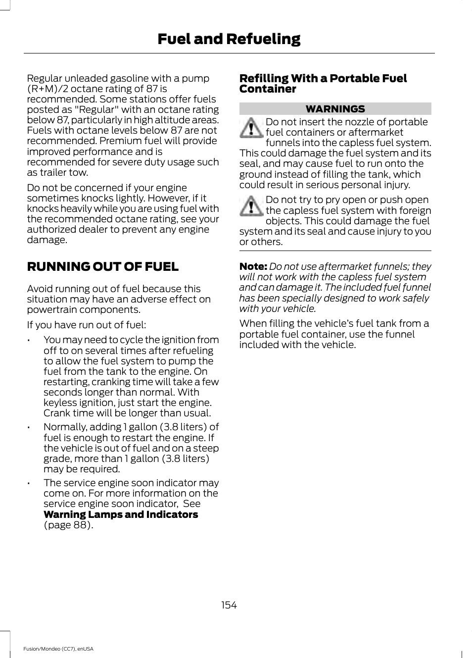 Running out of fuel, Fuel and refueling | FORD 2015 Fusion User Manual | Page 157 / 488