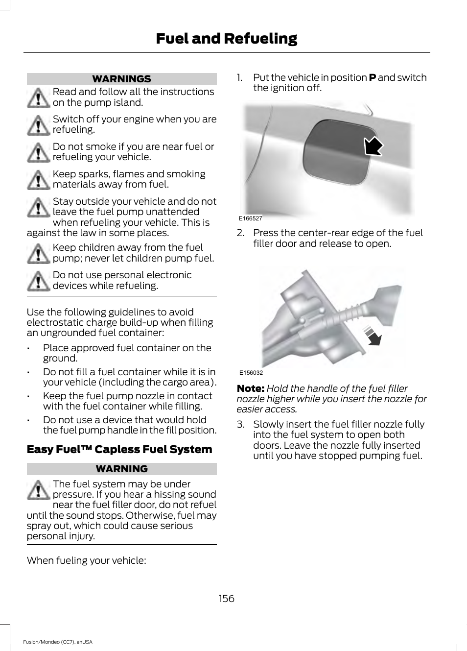 Fuel and refueling | FORD 2015 Fusion User Manual | Page 159 / 488