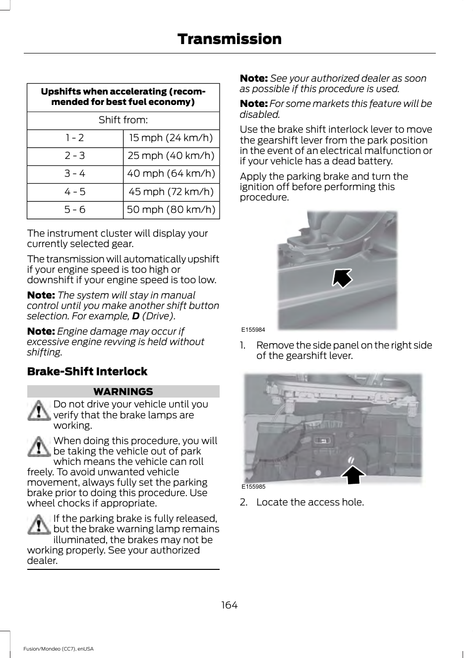 Transmission | FORD 2015 Fusion User Manual | Page 167 / 488