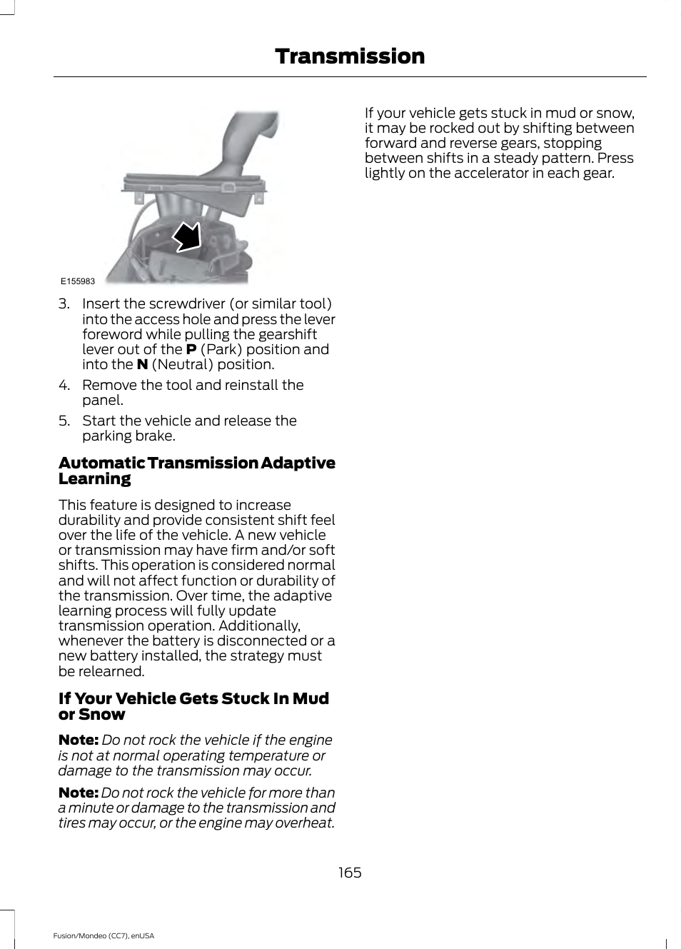 Transmission | FORD 2015 Fusion User Manual | Page 168 / 488