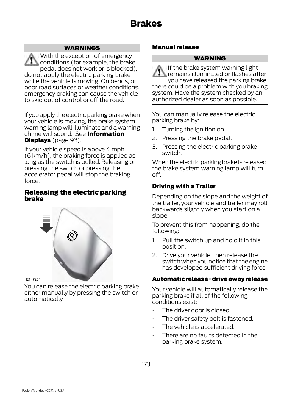 Brakes | FORD 2015 Fusion User Manual | Page 176 / 488