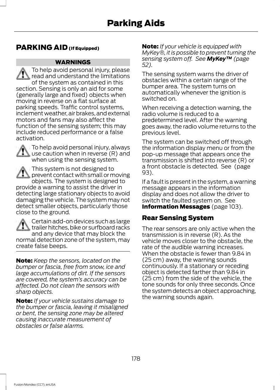 Parking aids, Parking aid | FORD 2015 Fusion User Manual | Page 181 / 488