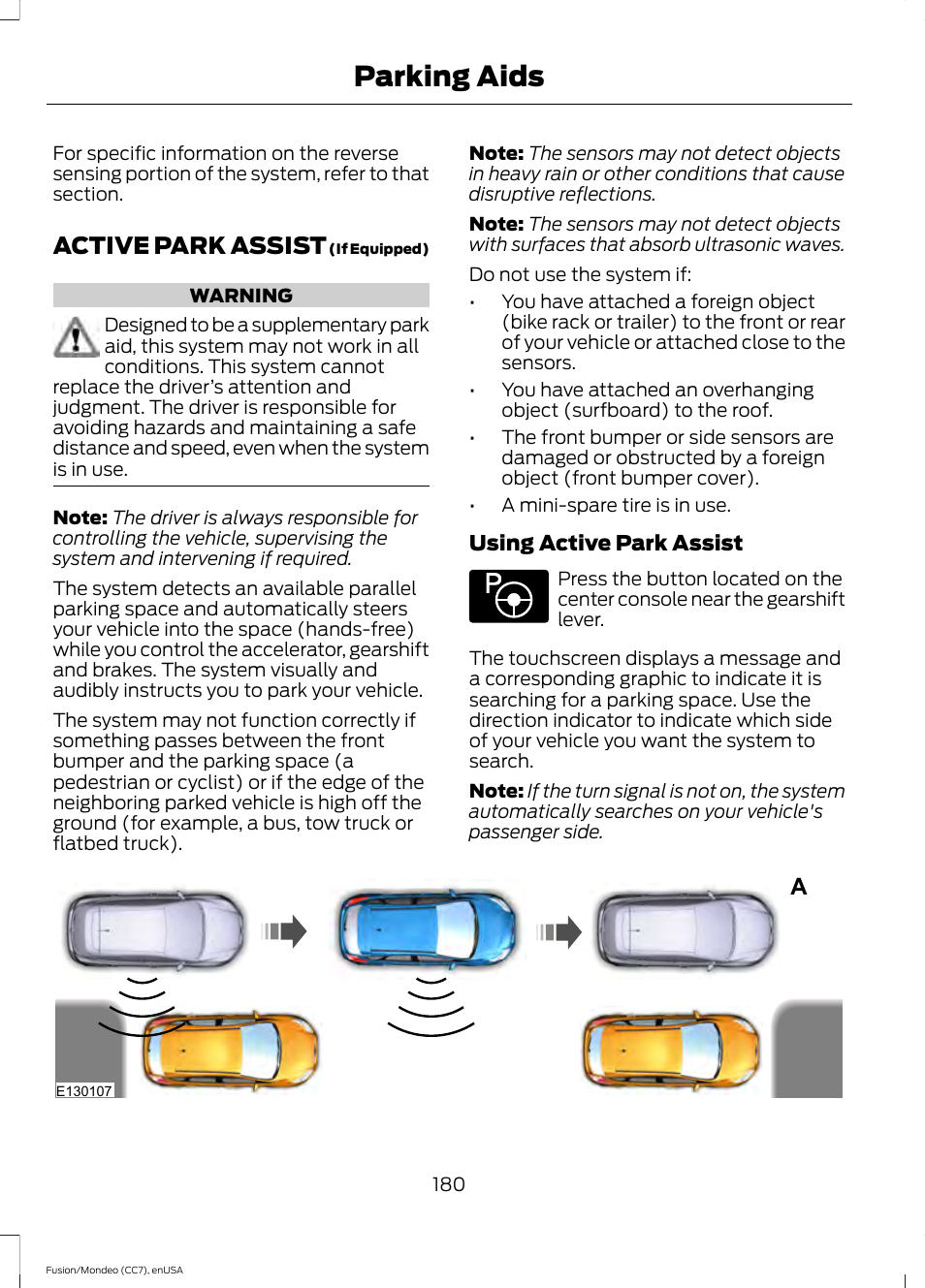 Active park assist, Parking aids | FORD 2015 Fusion User Manual | Page 183 / 488
