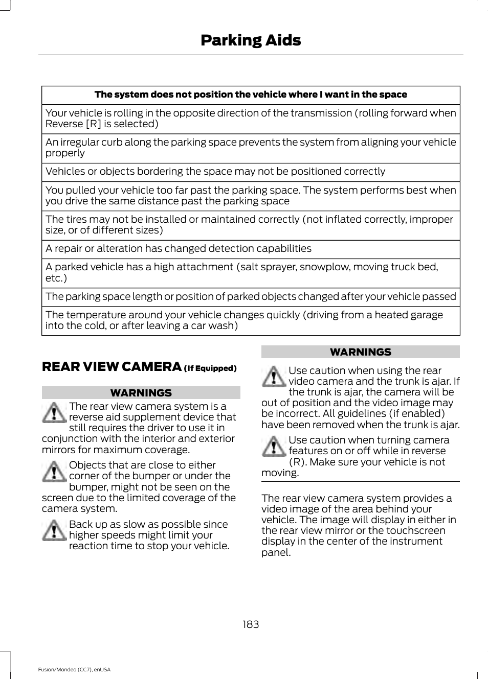 Rear view camera, Parking aids | FORD 2015 Fusion User Manual | Page 186 / 488