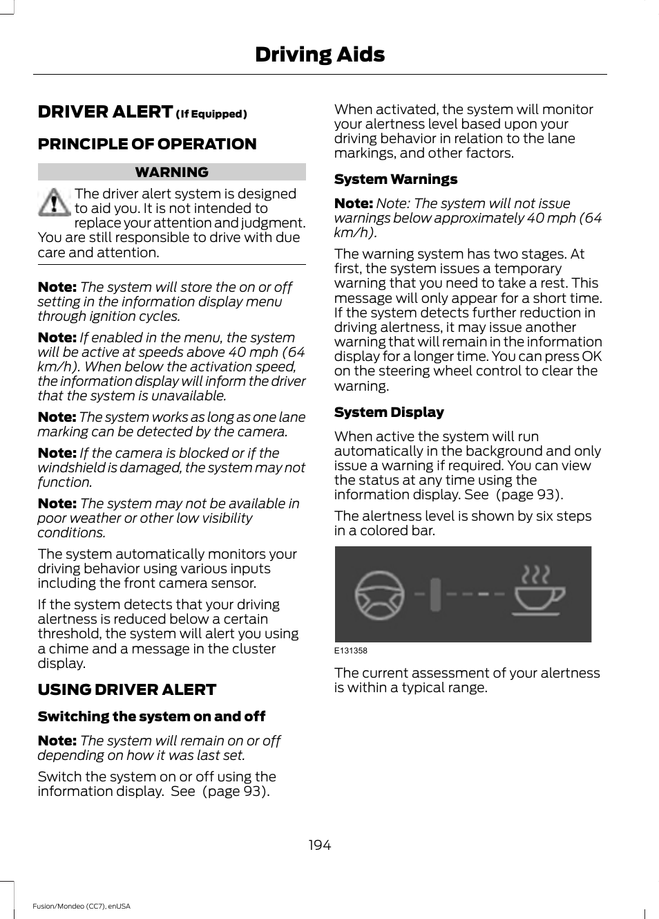 Driving aids, Driver alert | FORD 2015 Fusion User Manual | Page 197 / 488