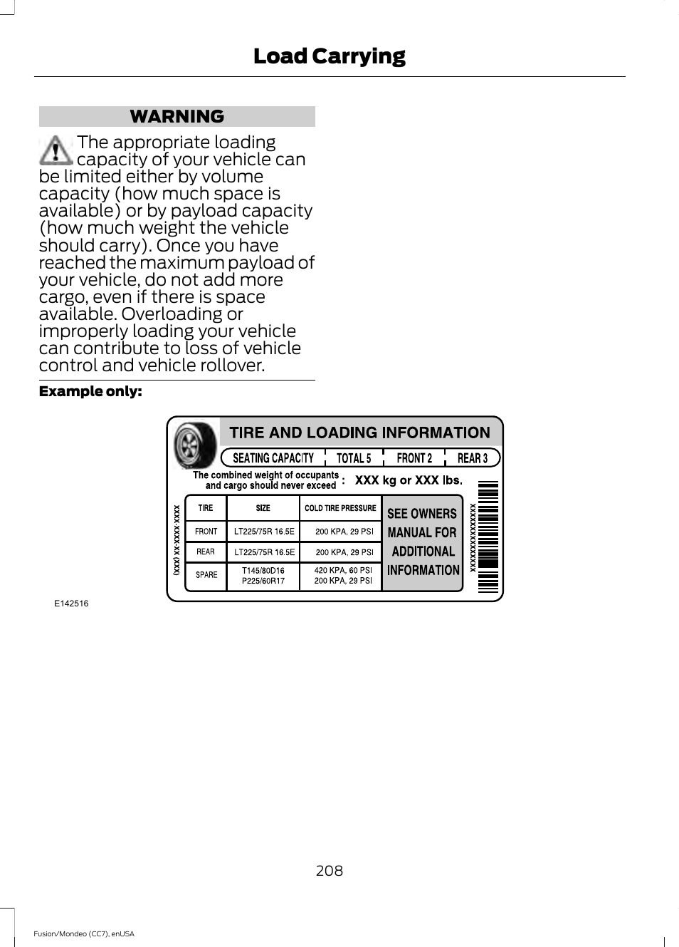 Load carrying | FORD 2015 Fusion User Manual | Page 211 / 488