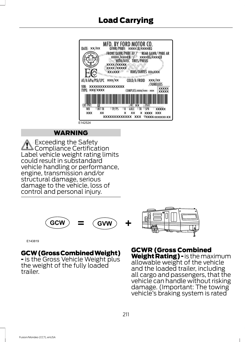 Load carrying | FORD 2015 Fusion User Manual | Page 214 / 488