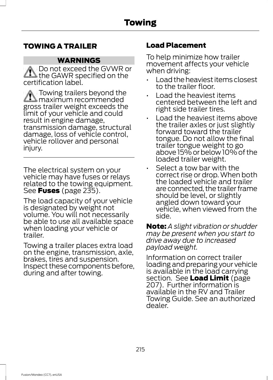 Towing, Towing a trailer | FORD 2015 Fusion User Manual | Page 218 / 488