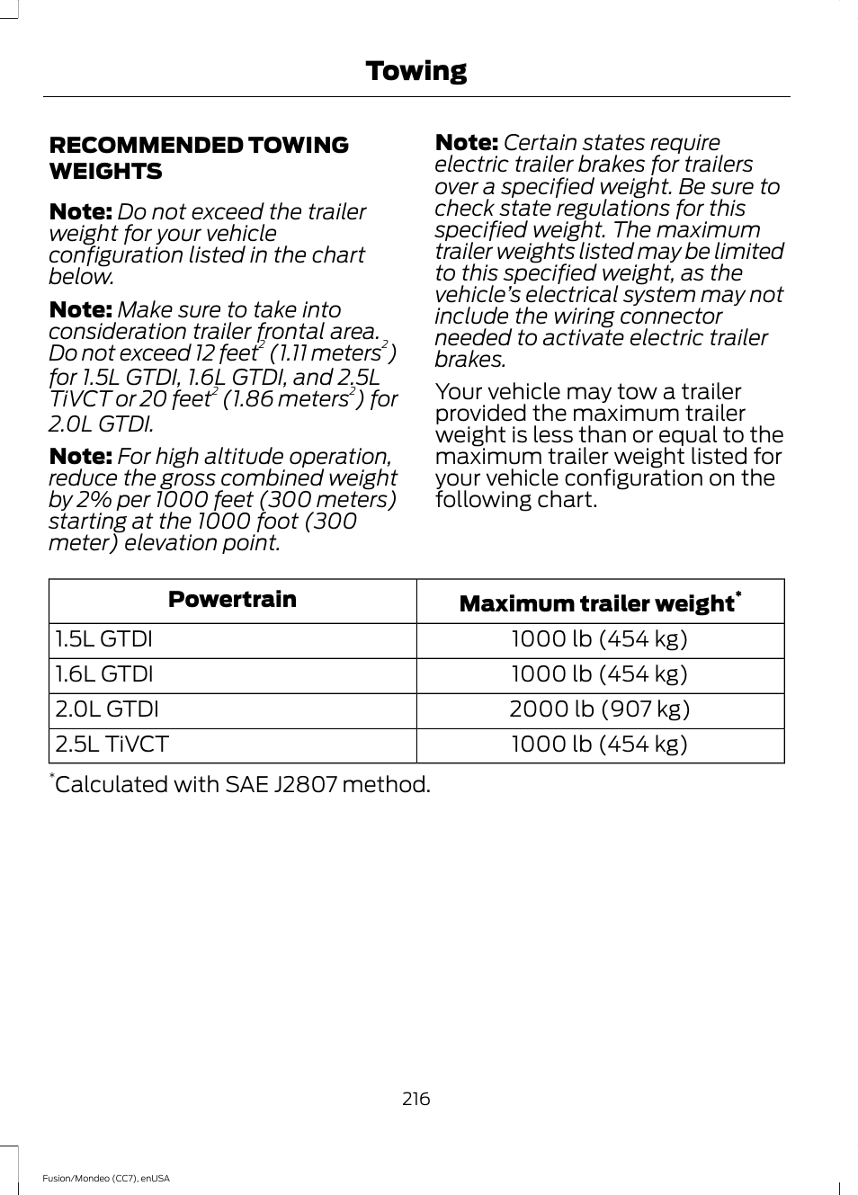 Recommended towing weights, Towing | FORD 2015 Fusion User Manual | Page 219 / 488