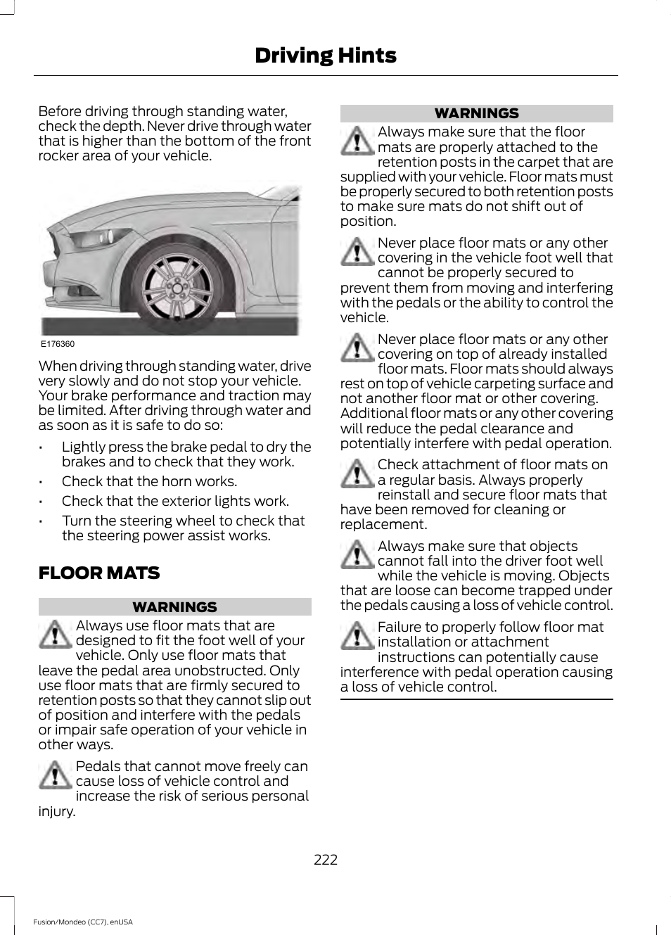 Floor mats, Driving hints | FORD 2015 Fusion User Manual | Page 225 / 488