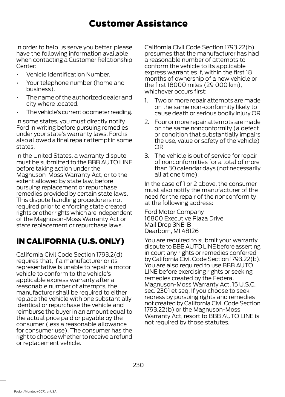 In california (u.s. only), Customer assistance | FORD 2015 Fusion User Manual | Page 233 / 488