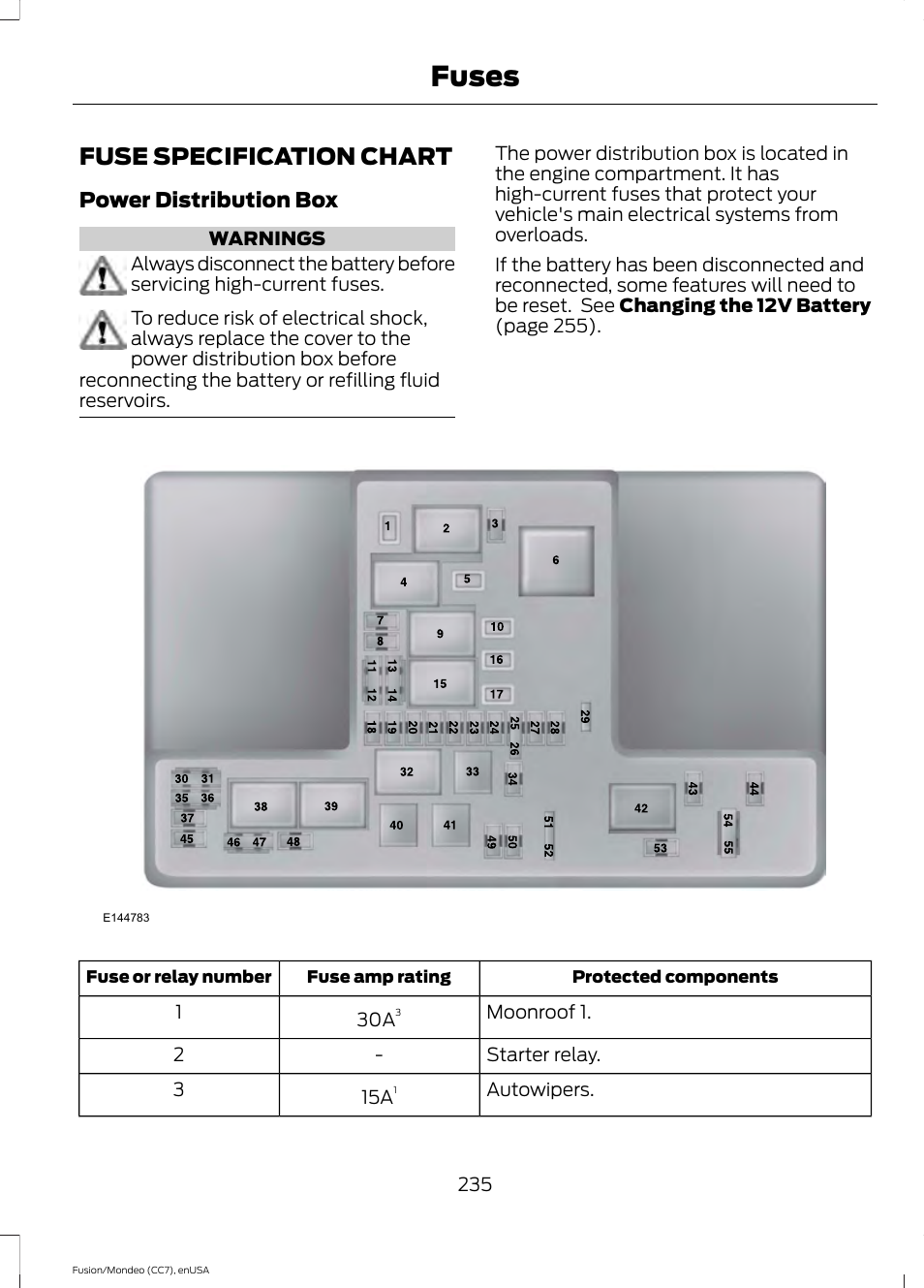 Fuses, Fuse specification chart | FORD 2015 Fusion User Manual | Page 238 / 488