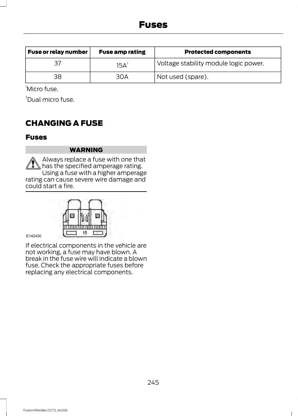 Changing a fuse, Fuses | FORD 2015 Fusion User Manual | Page 248 / 488