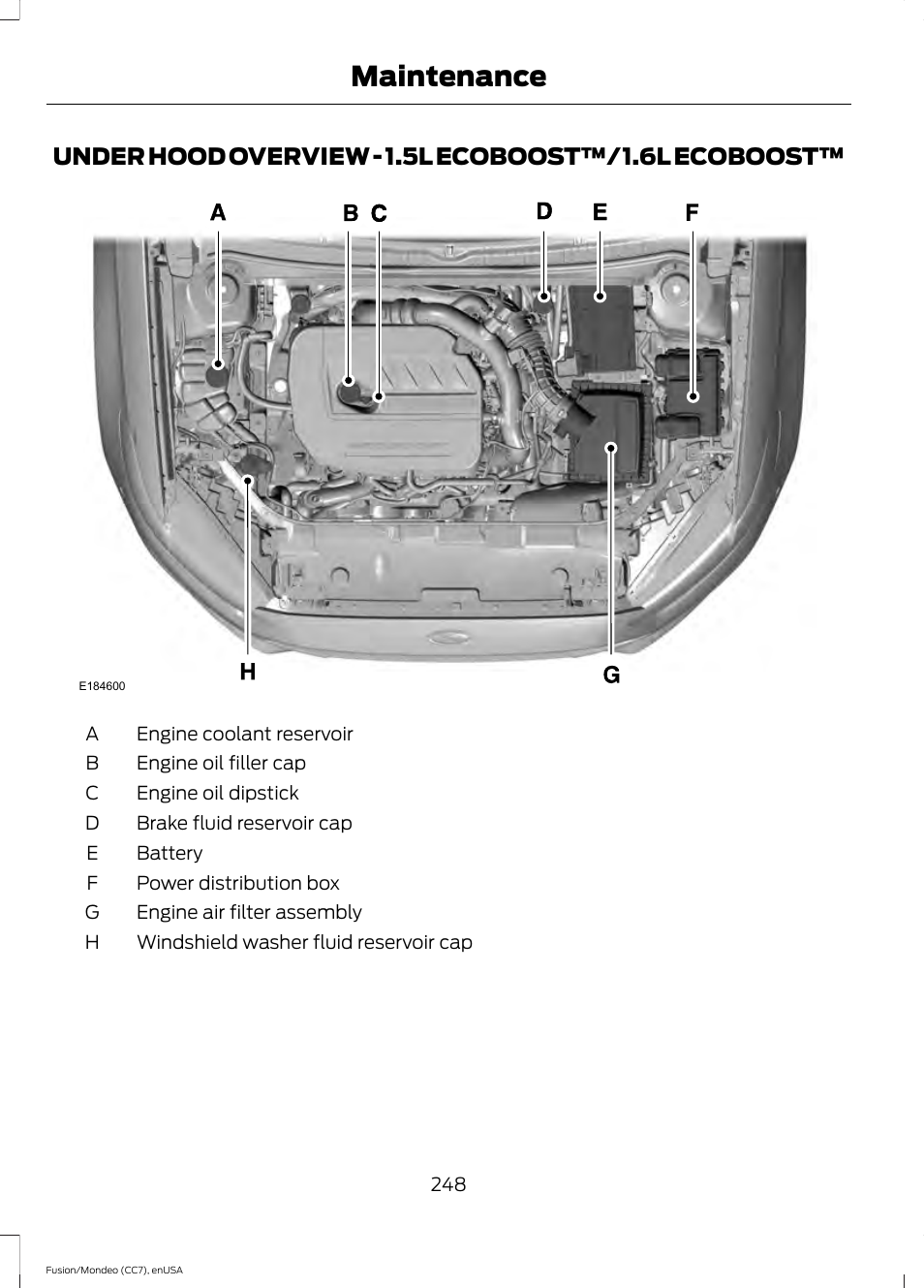 Under hood overview, Under hood overview - 1.5l ecoboost, 6l ecoboost | Maintenance, Under hood overview - 1.5l ecoboost™/1.6l ecoboost | FORD 2015 Fusion User Manual | Page 251 / 488