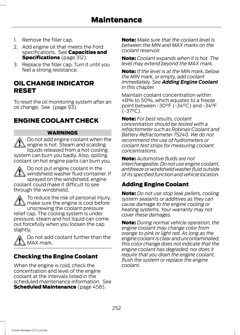 Oil change indicator reset, Engine coolant check, Oil change indicator reset engine coolant check | See engine, Maintenance | FORD 2015 Fusion User Manual | Page 255 / 488