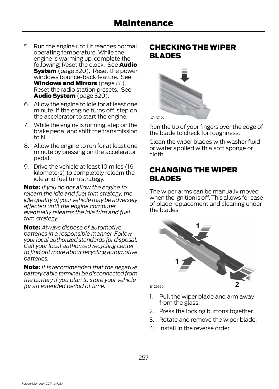 Checking the wiper blades, Changing the wiper blades, Maintenance | FORD 2015 Fusion User Manual | Page 260 / 488