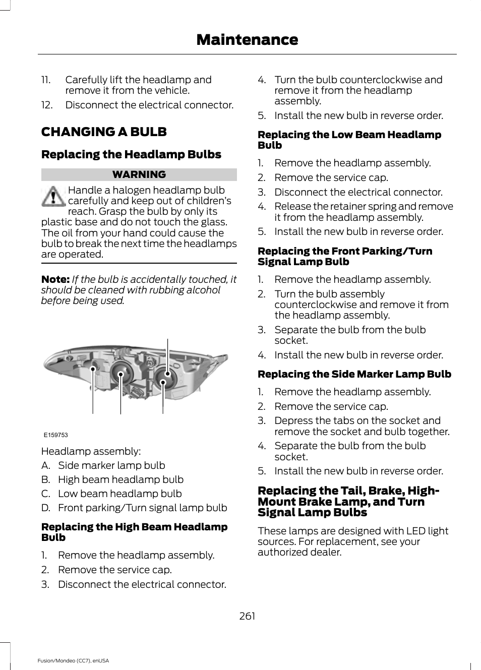 Changing a bulb, Maintenance, Ab c d | FORD 2015 Fusion User Manual | Page 264 / 488