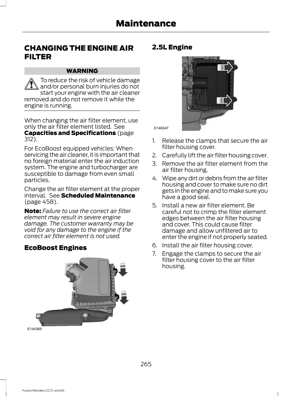 Changing the engine air filter, Maintenance | FORD 2015 Fusion User Manual | Page 268 / 488