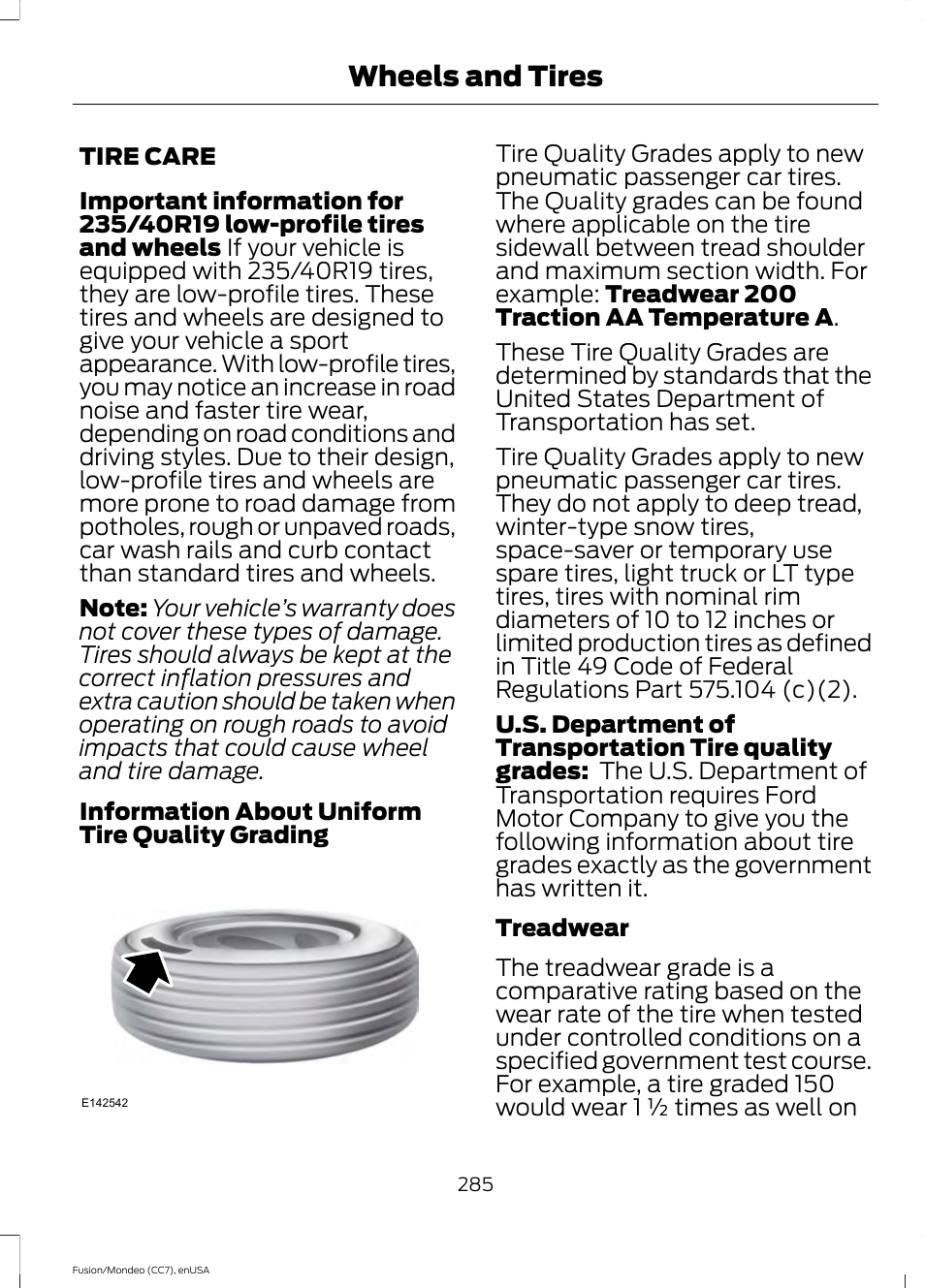 Tire care, Wheels and tires | FORD 2015 Fusion User Manual | Page 288 / 488
