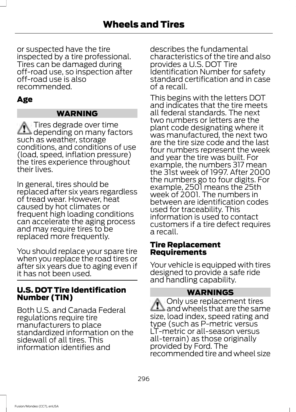 Wheels and tires | FORD 2015 Fusion User Manual | Page 299 / 488