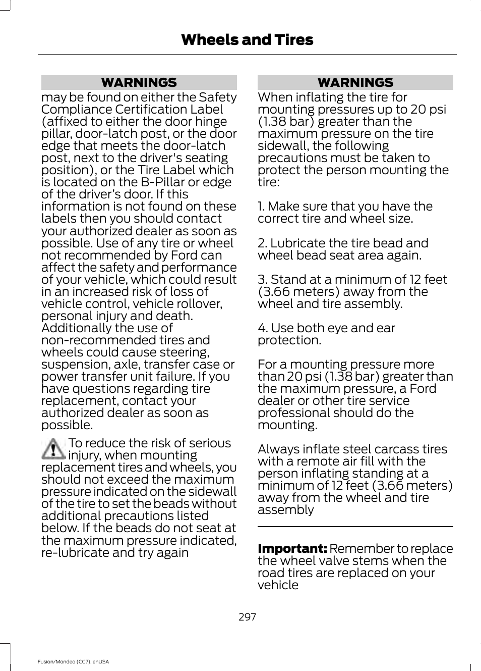 Wheels and tires | FORD 2015 Fusion User Manual | Page 300 / 488