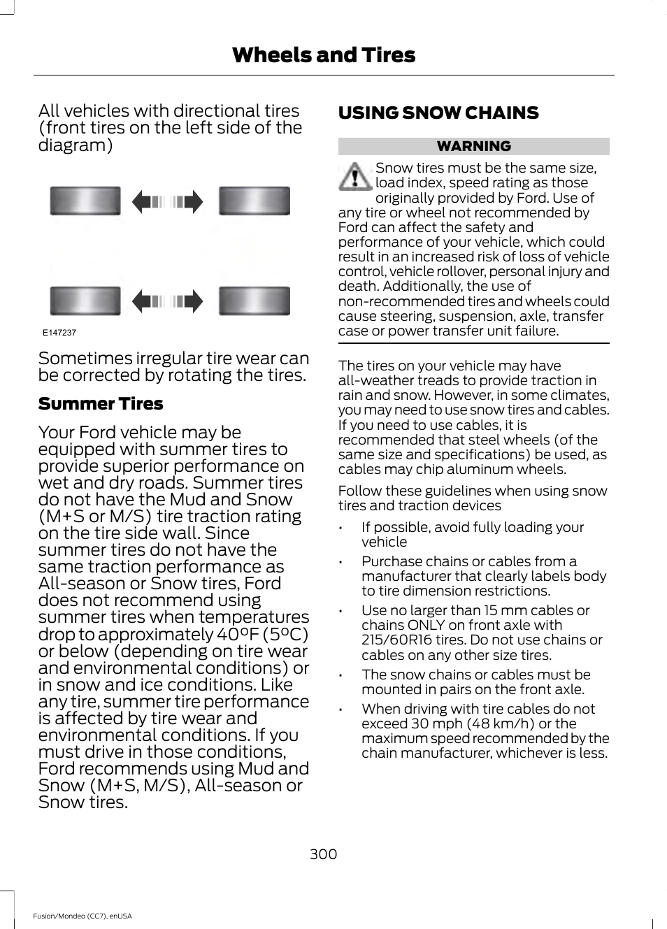 Using snow chains, Wheels and tires | FORD 2015 Fusion User Manual | Page 303 / 488