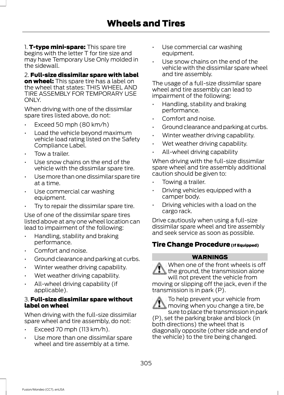 Wheels and tires | FORD 2015 Fusion User Manual | Page 308 / 488