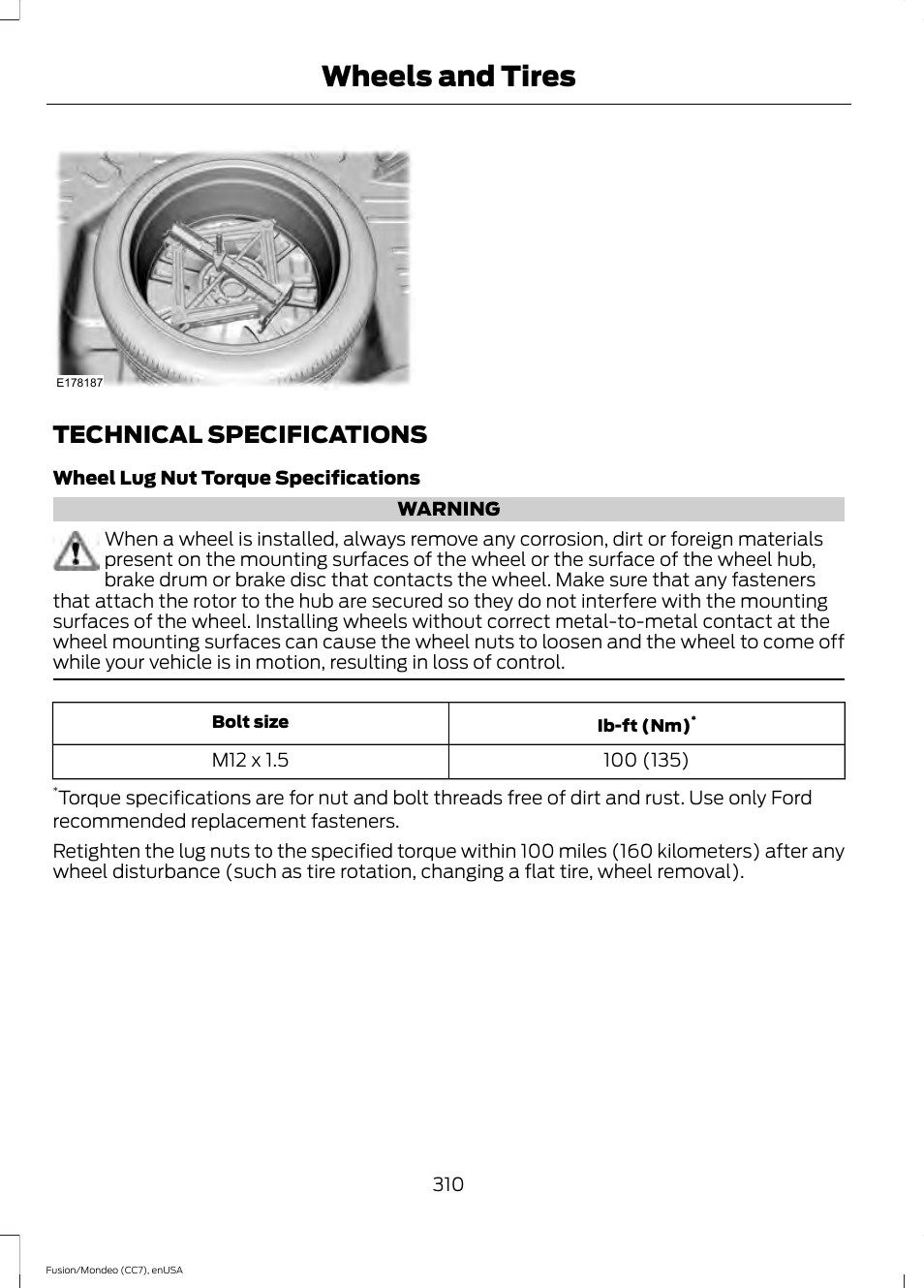 Technical specifications, Wheels and tires | FORD 2015 Fusion User Manual | Page 313 / 488