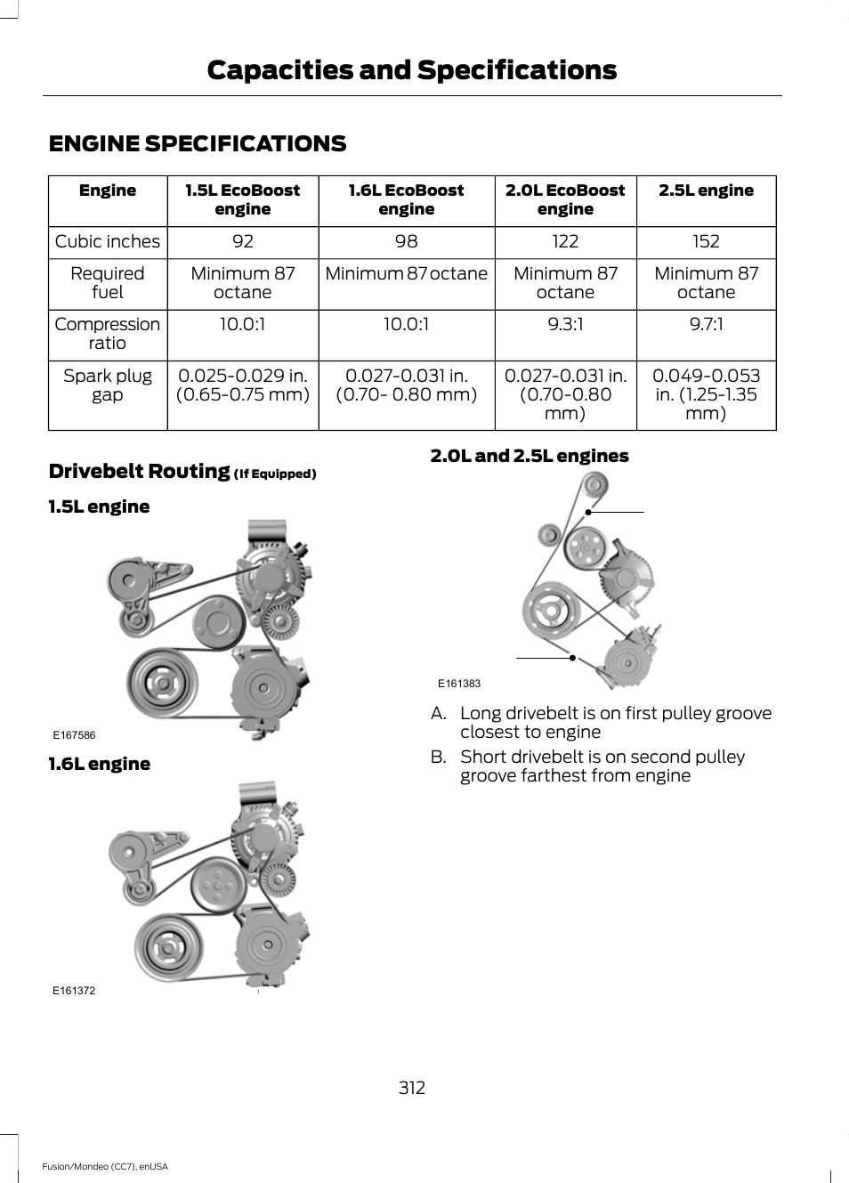 Capacities and specifications, Engine specifications, Capacities and specific | Ations | FORD 2015 Fusion User Manual | Page 315 / 488