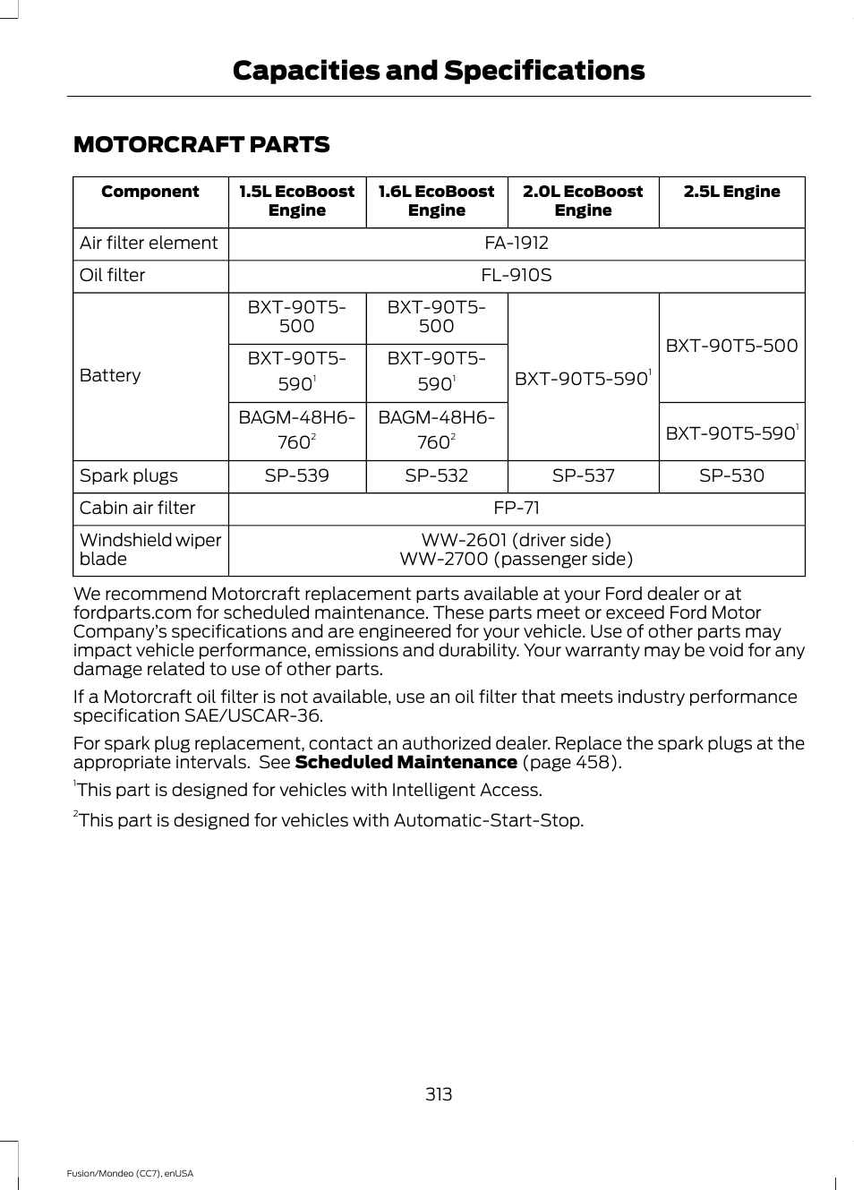 Motorcraft parts, Capacities and specifications | FORD 2015 Fusion User Manual | Page 316 / 488