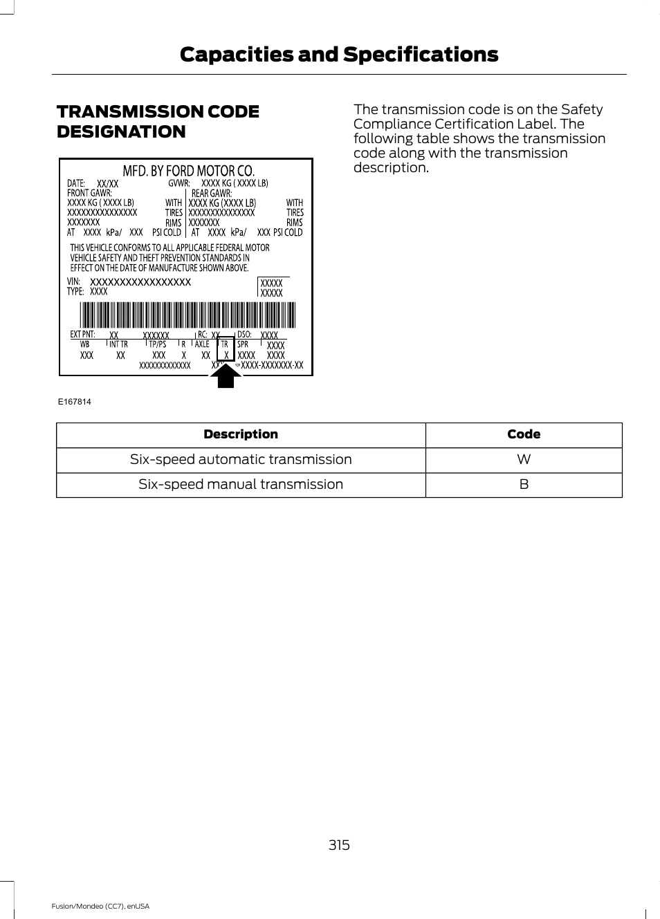 Transmission code designation, Capacities and specifications | FORD 2015 Fusion User Manual | Page 318 / 488