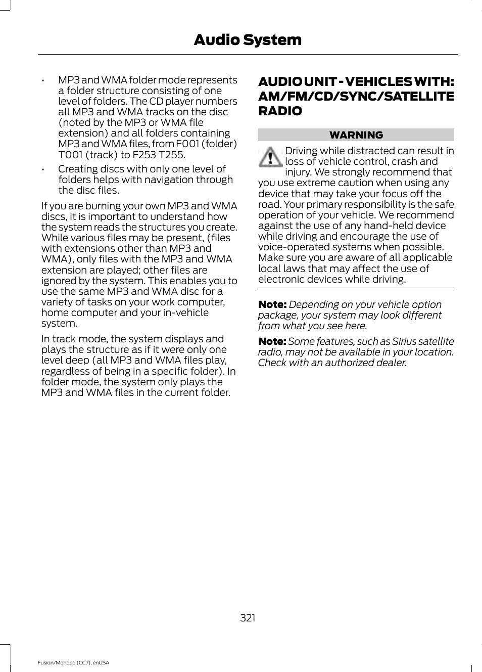 Audio unit, Audio unit - vehicles with: am/fm/cd, Sync/satellite radio | Audio system | FORD 2015 Fusion User Manual | Page 324 / 488