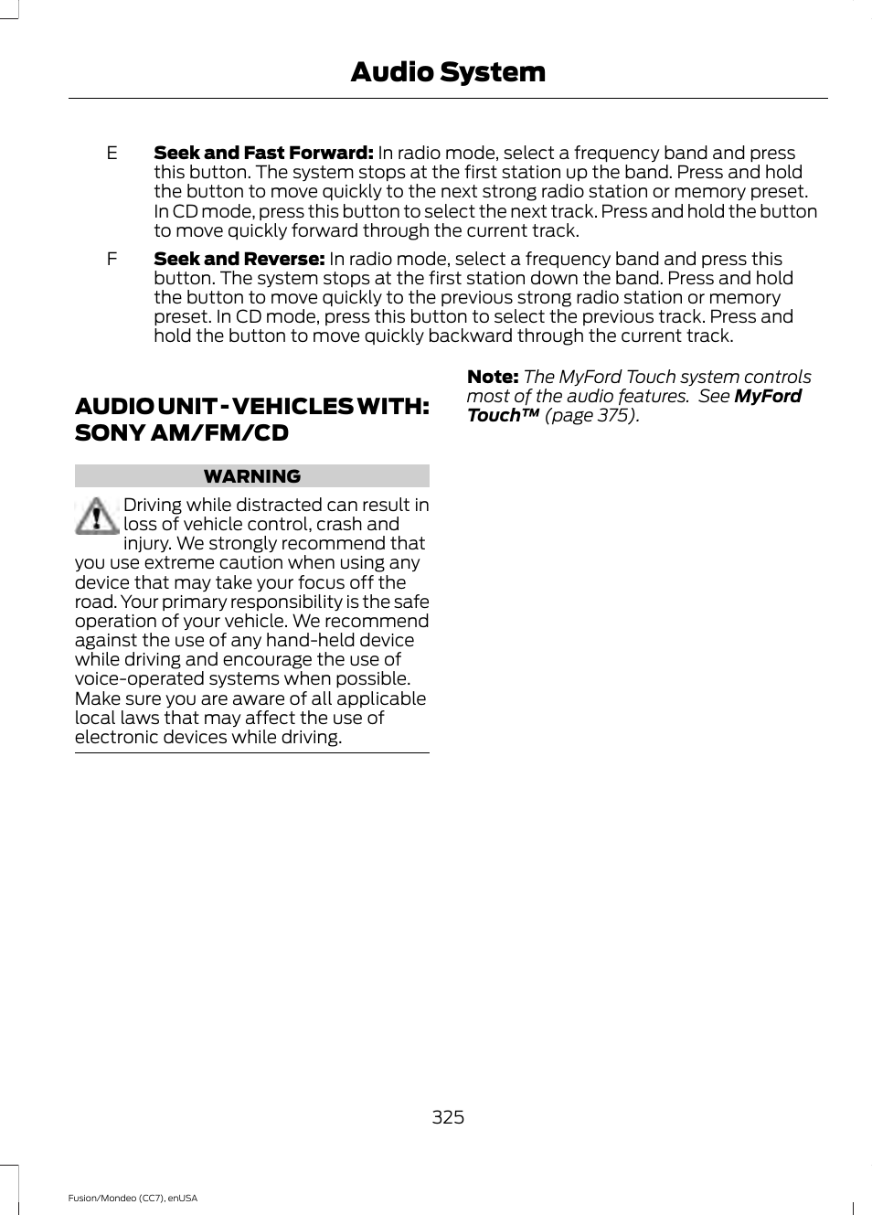 Audio unit, Audio unit - vehicles with: sony am/fm, Audio system | Audio unit - vehicles with: sony am/fm/cd | FORD 2015 Fusion User Manual | Page 328 / 488