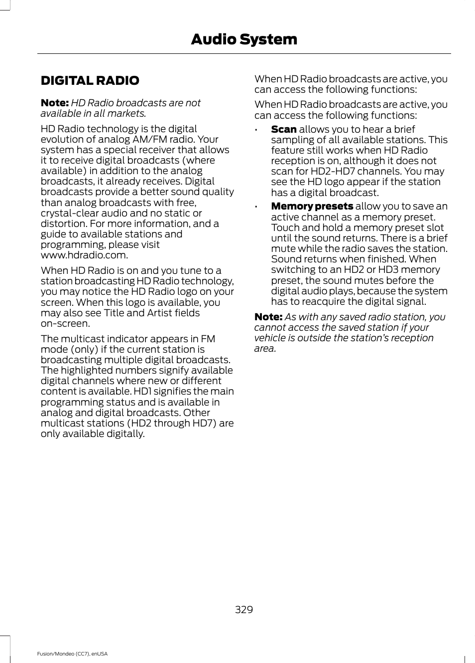 Digital radio, Audio system | FORD 2015 Fusion User Manual | Page 332 / 488