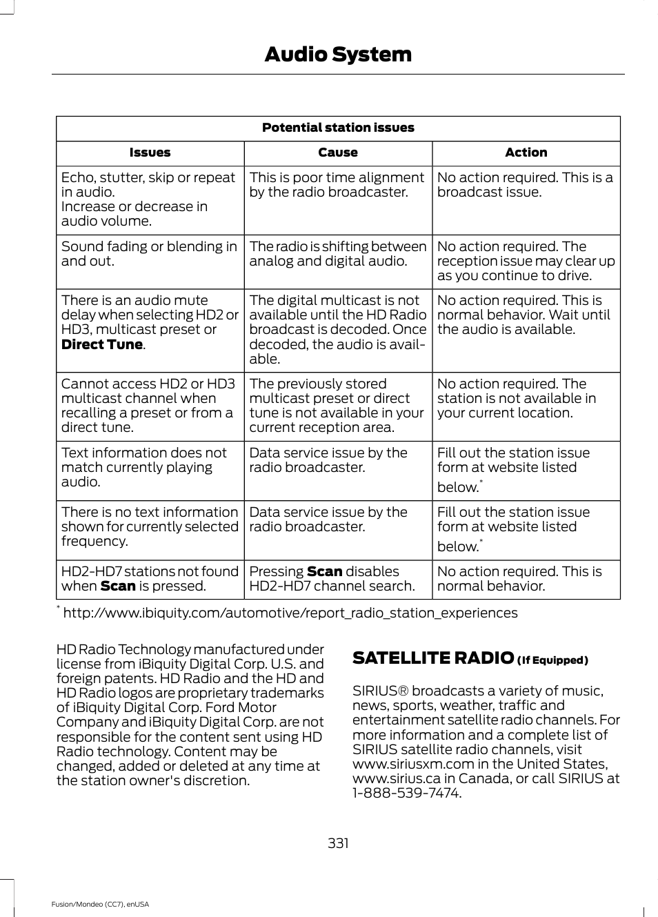 Satellite radio, Audio system | FORD 2015 Fusion User Manual | Page 334 / 488