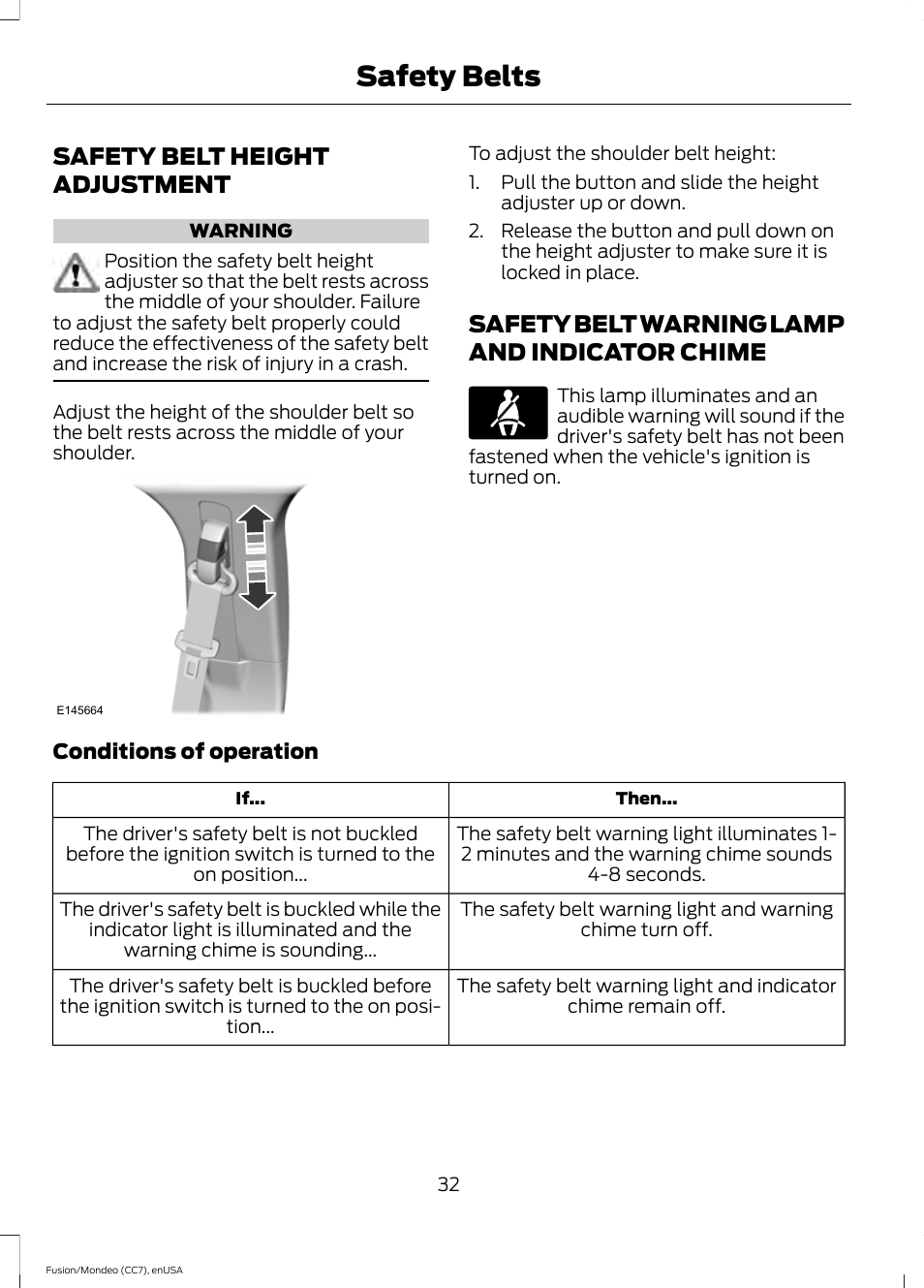 Safety belt height adjustment, Safety belt warning lamp and indicator chime, Chime | Safety belts | FORD 2015 Fusion User Manual | Page 35 / 488