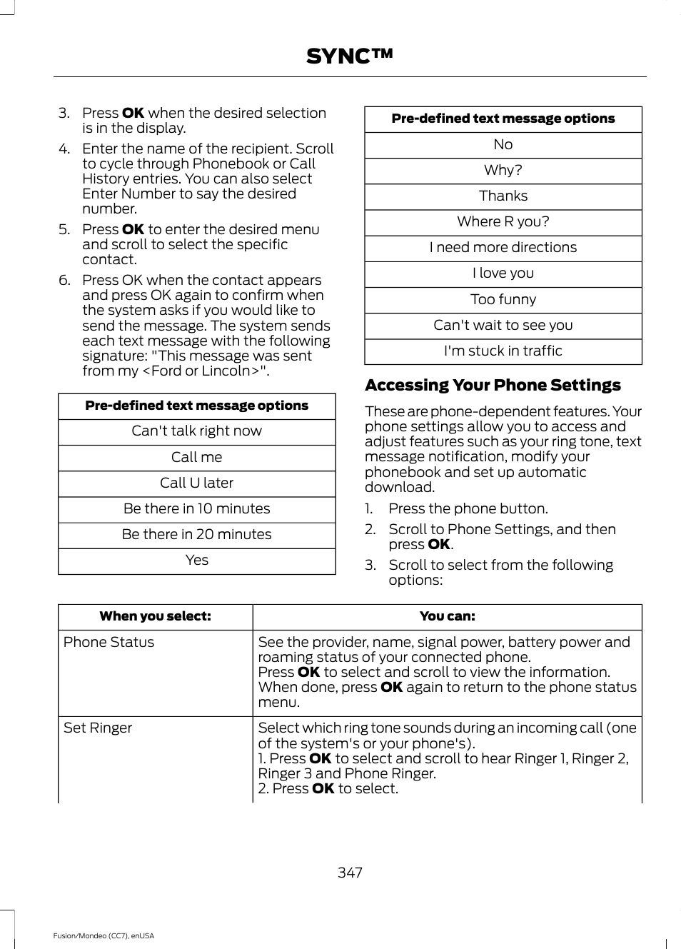 Sync | FORD 2015 Fusion User Manual | Page 350 / 488