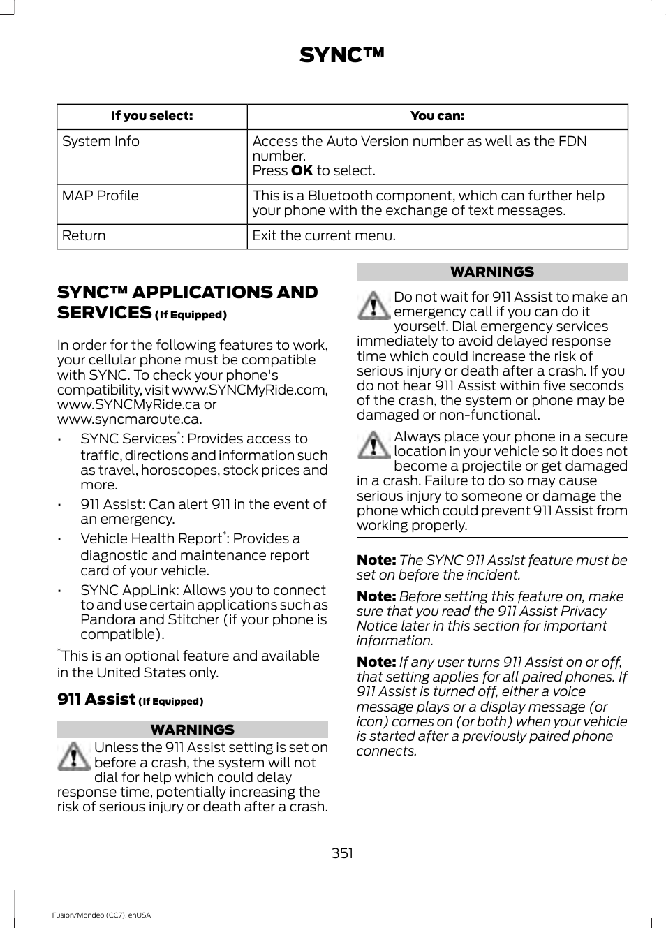 Sync™ applications and services, Sync | FORD 2015 Fusion User Manual | Page 354 / 488