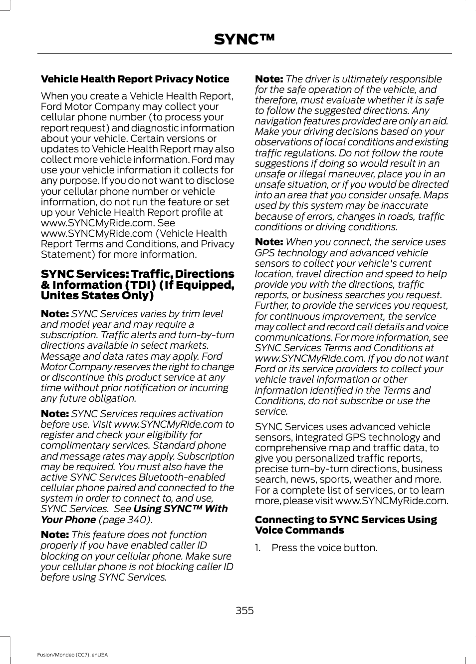 Sync | FORD 2015 Fusion User Manual | Page 358 / 488