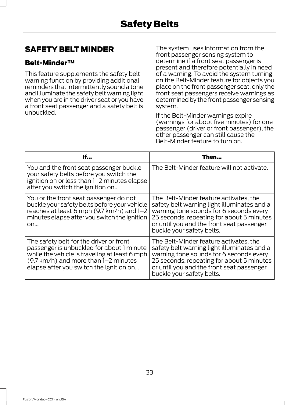 Safety belt minder, Safety belts | FORD 2015 Fusion User Manual | Page 36 / 488