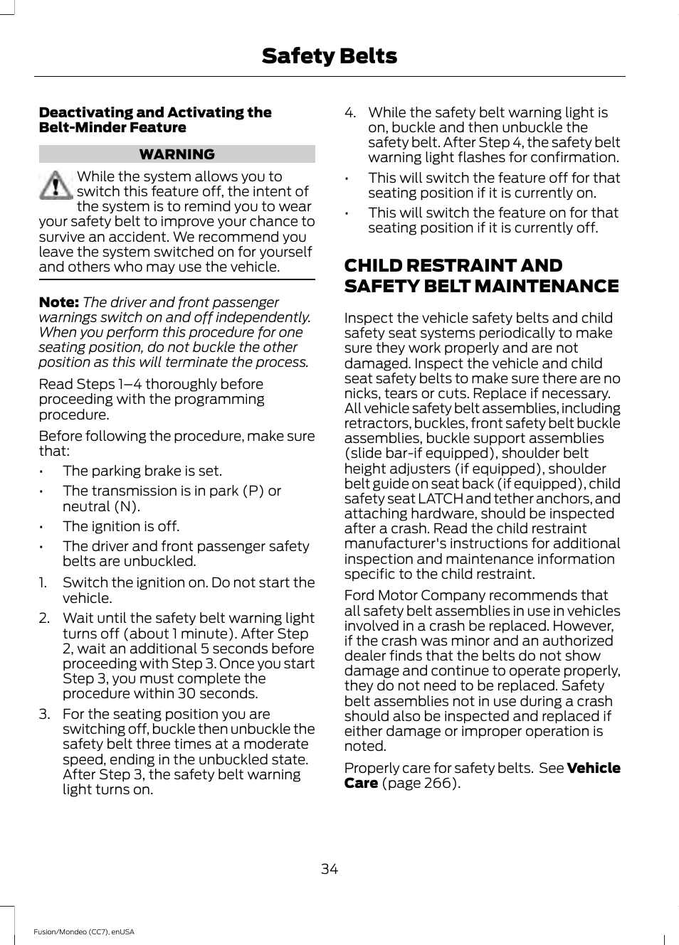 Child restraint and safety belt maintenance, Child restraint and safety belt, Maintenance | Safety belts | FORD 2015 Fusion User Manual | Page 37 / 488