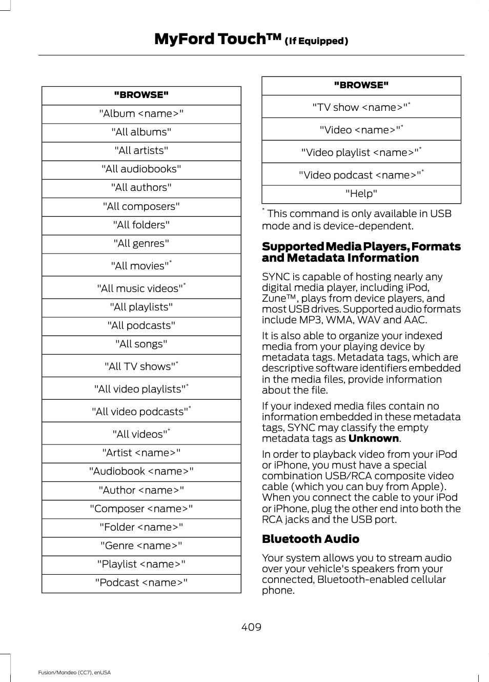 Myford touch, Bluetooth audio | FORD 2015 Fusion User Manual | Page 412 / 488