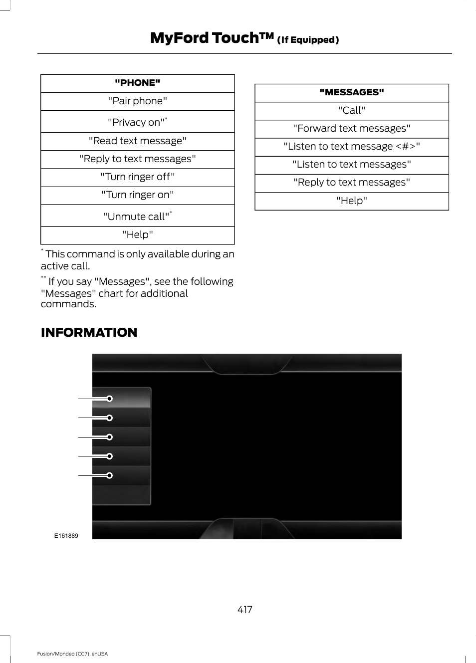 Information, Myford touch | FORD 2015 Fusion User Manual | Page 420 / 488