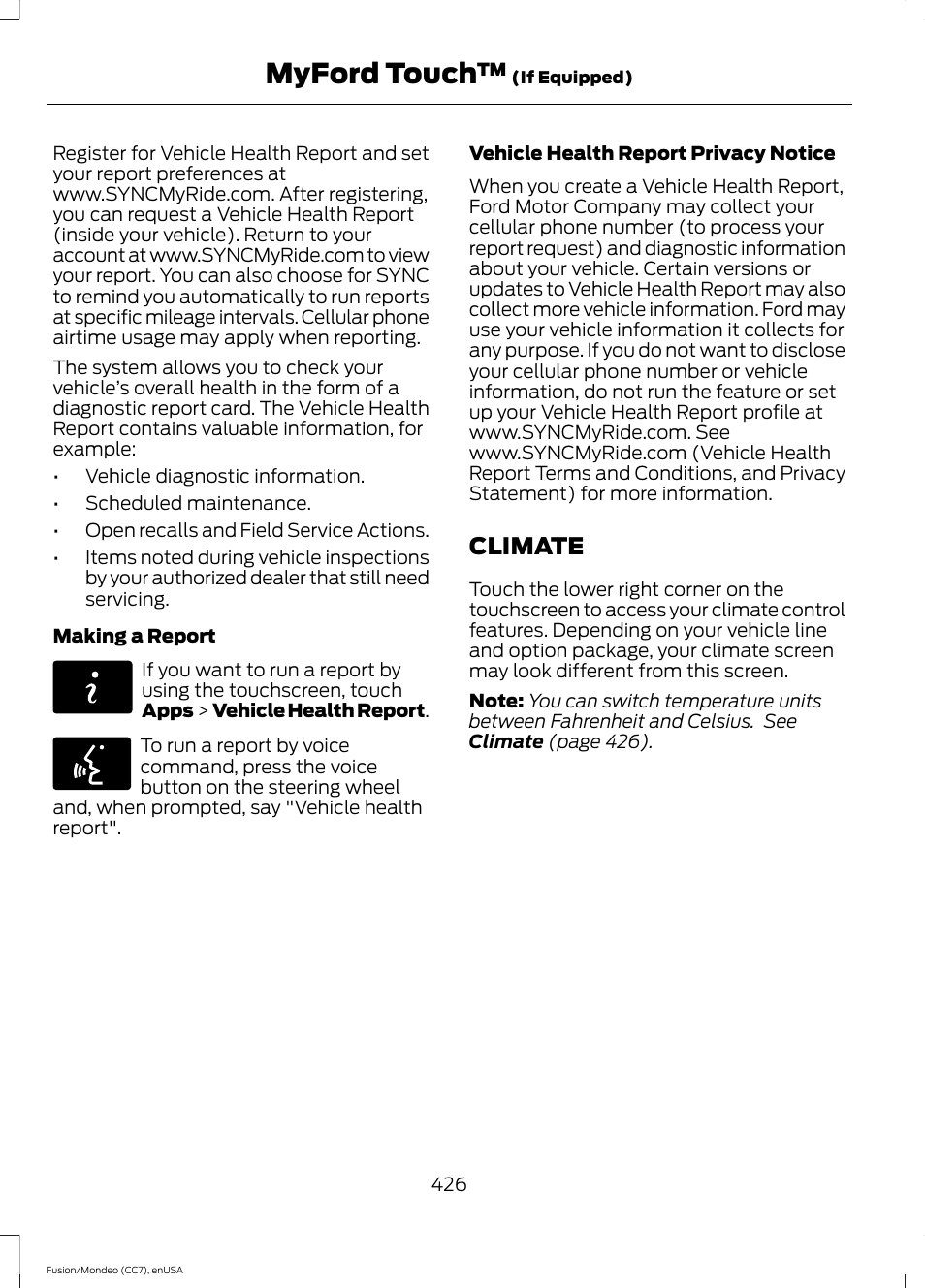 Climate, Myford touch | FORD 2015 Fusion User Manual | Page 429 / 488