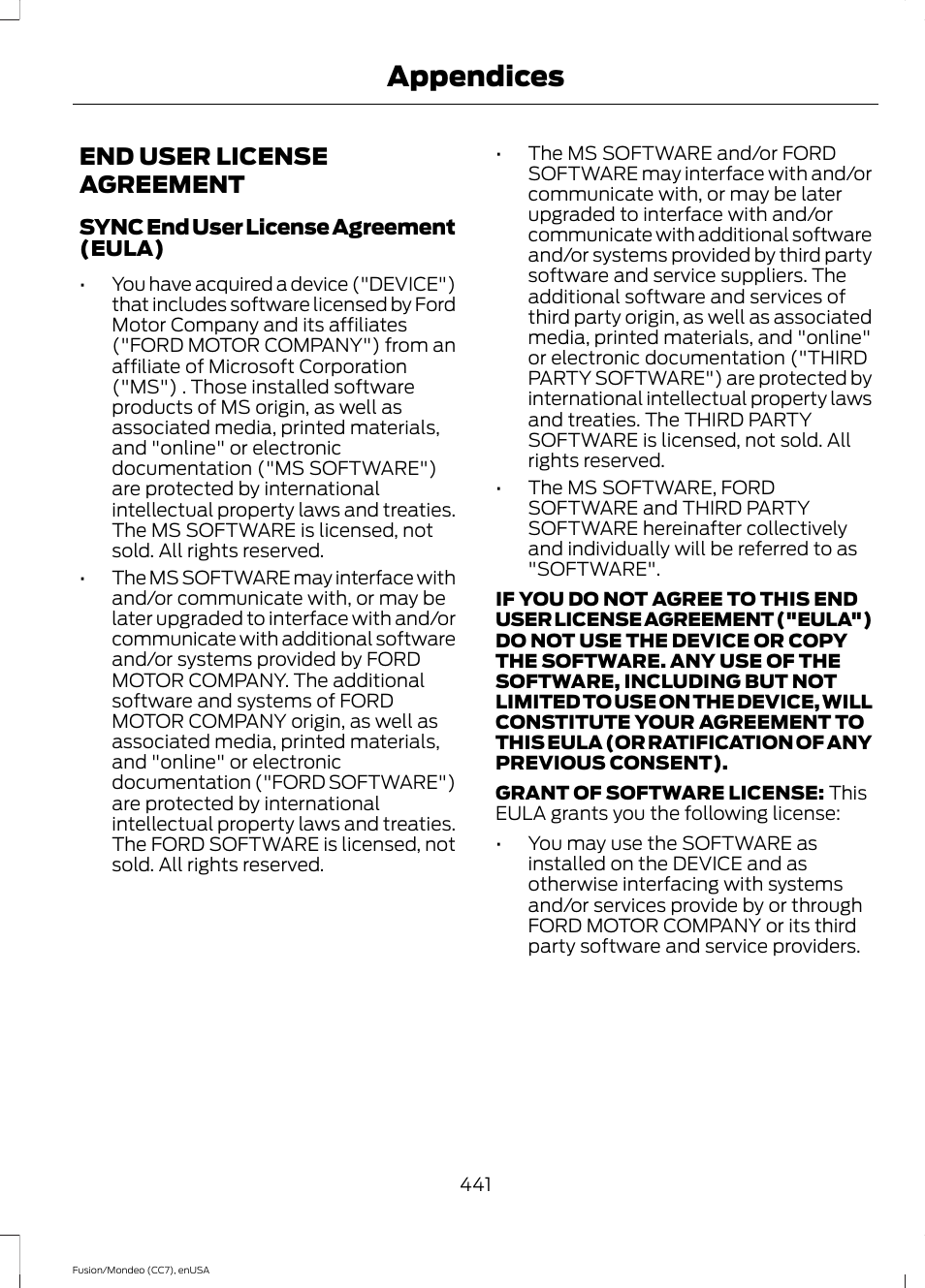 Appendices, End user license agreement | FORD 2015 Fusion User Manual | Page 444 / 488