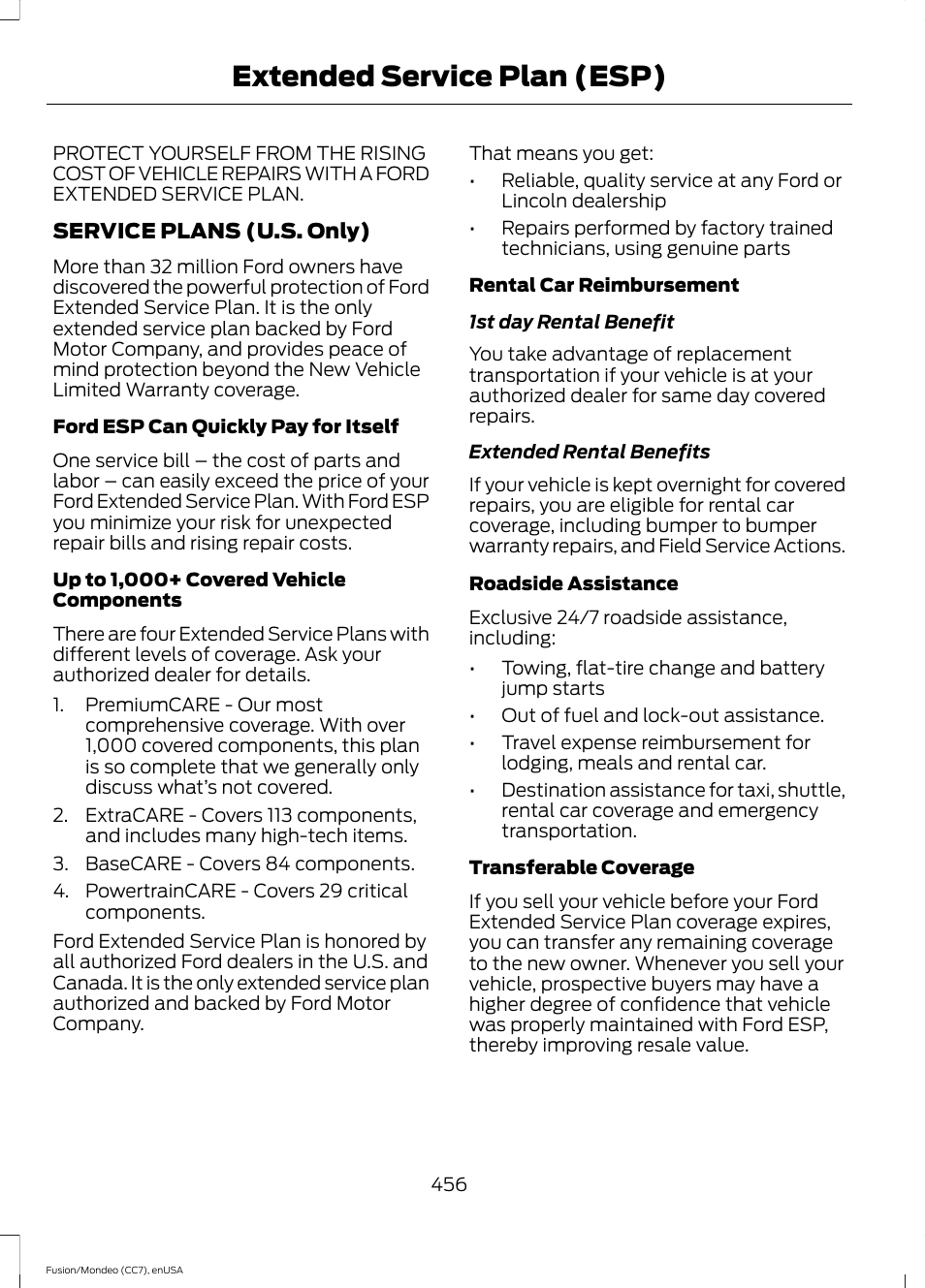 Extended service plan (esp), Extended service plan, Esp) | FORD 2015 Fusion User Manual | Page 459 / 488