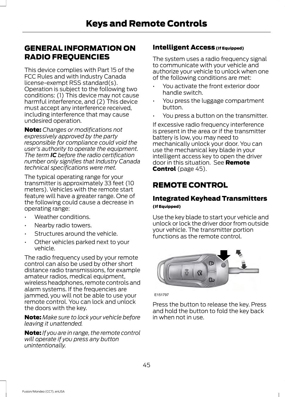 Keys and remote controls, General information on radio frequencies, Remote control | General information on radio, Frequencies | FORD 2015 Fusion User Manual | Page 48 / 488