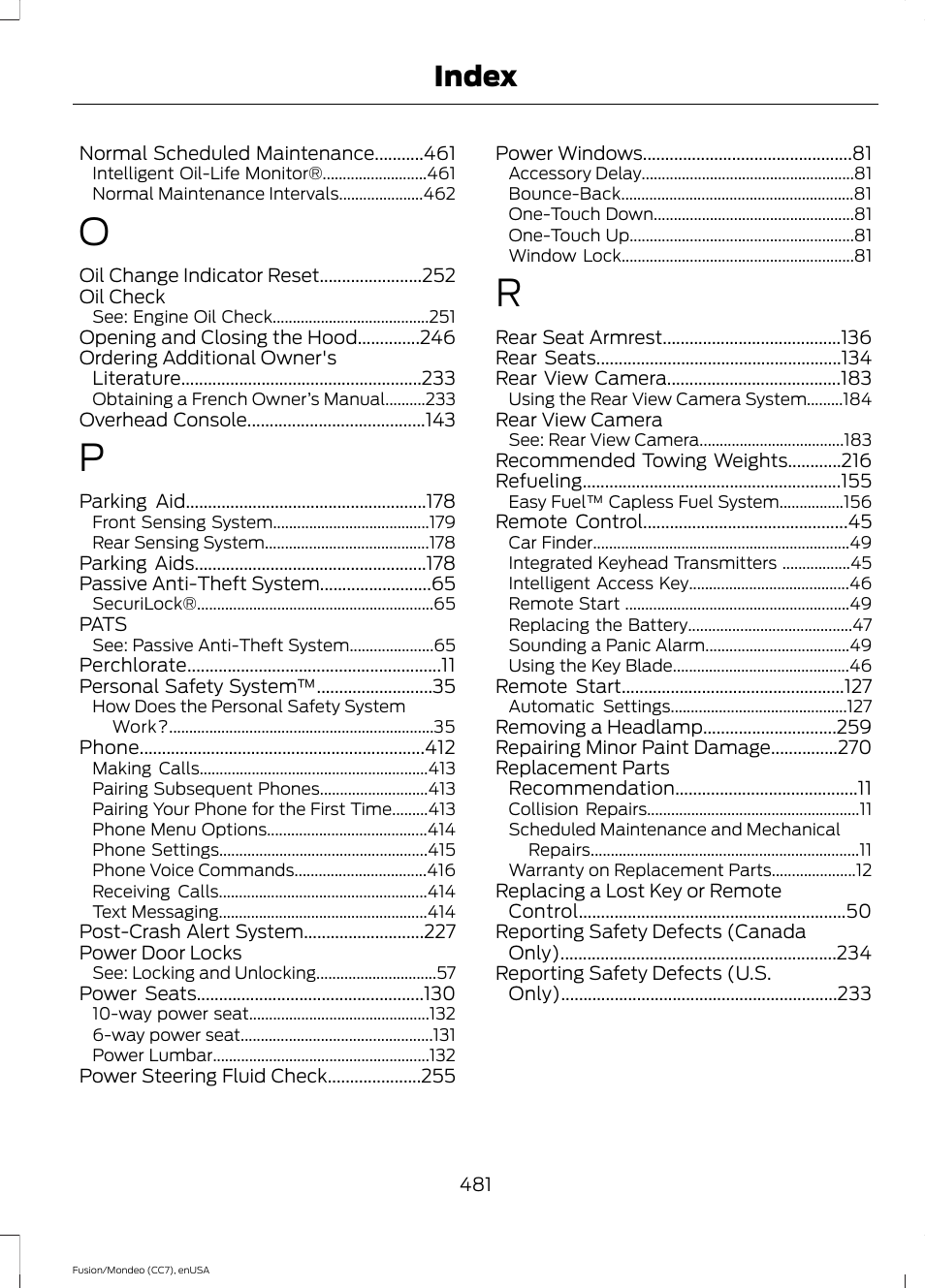 Index | FORD 2015 Fusion User Manual | Page 484 / 488